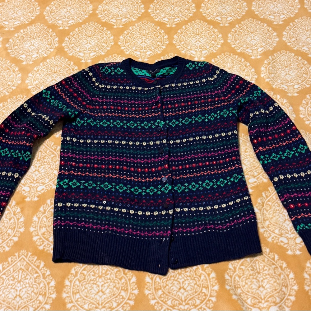 Talbots vibrant navy and multicolored knit fair isles wool cardigan